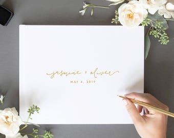 Personalized Names Guest Book Wedding Album, White Guestbook with Real Gold Foil, Large Guestbook Elegant Hardcover Book, 39