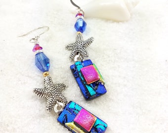 Fused dichroic glass earrings, dichroic jewelry, fused glass earrings, jewelry handmade, Hana Sakura, dichroic glass fusion, statement