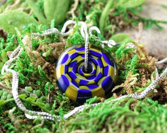 Handmade Lampwork Focal Bead Pendant // Borosilicate /Boro Glass // Blue and Yellow Checkered // Sterling Silver Chain // Z162