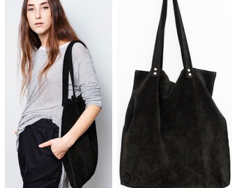 Black suede leather tote bag,Large black bag,black shoulder suede tote bag