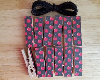 Apple for the Teacher, Clothesline Clips w Twine for Photo Display, Chunky Little Clothespin, Set of 12, Little Apples, Great Teacher Gift