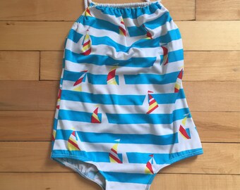 Vintage 1980s Girls Blue Striped Nautical Sailboat Swimsuit Bathing Suit! Size 6