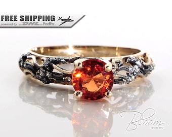 Orange Sapphire Gold Ring Vintage Style Gold Ring Natural Sapphire Engagement Ring 18K Gold Sapphire Ring Orange Sapphire Ring