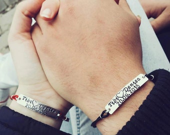 Set of Two Personalized Leather Bracelets, Engraved Bracelets, Hand Stamped, Name Bracelets, Aluminum, Couple Bracelets, Boyfriend Gift