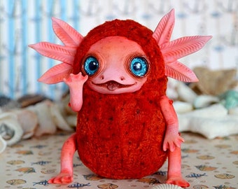 Red Axolotl art doll art toy handmade ooak Fantasy Creature