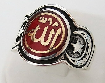 Handmade Allah God islamic Moslem Arabic Calligraphy 925 Sterling Silver Men Woman Ring