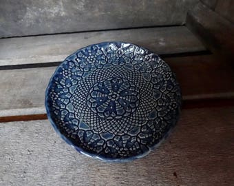 Ceramic Spoon Rest Handmade Pottery Doily Impression with Midnight Blue Glaze Utensil Dish