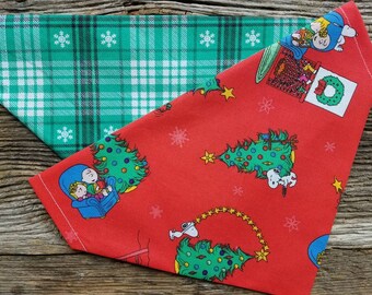 Christmas snoopy dog bandana plaid green snowflakes reversible slide over the collar