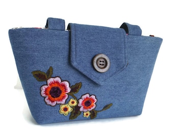 SALE - Flower Embroidery - Floral Patch - Denim Wayfarer Purse -Shoulder Bag - Vegan