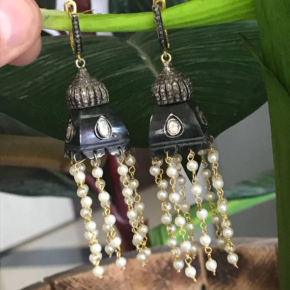 Pearl And Diamond Chandelierpearl Earringjhumkas Pearl And Diamond Chandelier Earring Jhumkas Victorian Earrings Polki Pave