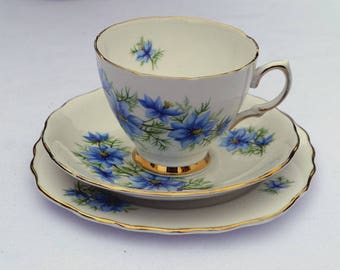 Vintage Tea Trio, Tea Cup, Saucer & Tea Plate, Colclough China Nigella Blue Flowers, Vinatge Afternoon Tea Set