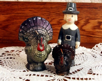 Gurley candle set-2 turkeys and a one-eyed pilgrim-gray Thanksgiving-vintage holiday decor