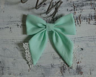 Turquoise/ Pastel Green with White Lace Sailor Hair Bow