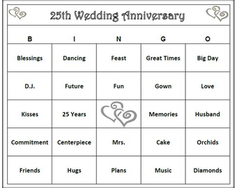 25th Anniversary Party Bingo Game 60 Cards Silver And Wedding Themed Words 25th Anniversary Party Bingo Game 60 Cards Silver And Wedding Themed Words
