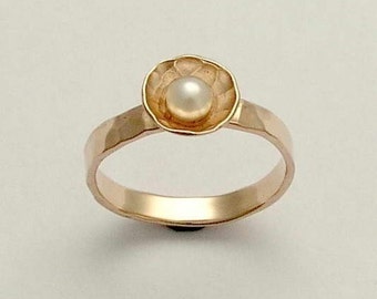 14K gold ring, white gold ring, engagement ring, pearl bowl ring, fresh water pearl ring, hammered ring, two-tone ring - Pure and innocent.