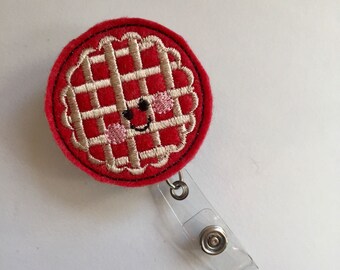 Pie ID Badge, Foodie Badge Reel, Cherry Pie Name Tag, Kawaii Badge Clip, Retractable Badge Reel, Belt Clip Swivel Clip, Feltie Badge Clip