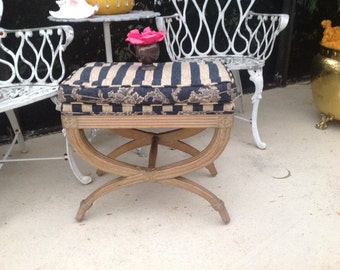 DRAPER STYLE X BENCh Hollywood Regency Style X Bench with Tufted Seat Cushion Palm Beach Chic Style On Sale at Retro Daisy Girl
