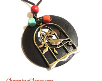 Bird Cage necklace, Caged bird necklace, Bird cage pendant necklace - Antiqued brass necklace - Long Necklace - LNA600010
