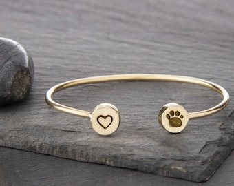 Heart and Paw Print Adjustable Cuff Bracelet, Heart Charm, Paw Print Charm, Dog Jewelry, Dog Bracelet, Dog Memorial
