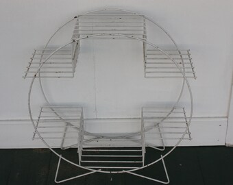Mid Century Metal Plant Stand, Outside/Inside Bar Cart, White Atomic Circular Multi Shelf Stand, Circular Stand, Chippy Paint, Bookshelf