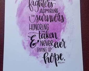 Relay for Life Cancer Fundraiser Purple Watercolor Hope Strength Fighter Quote