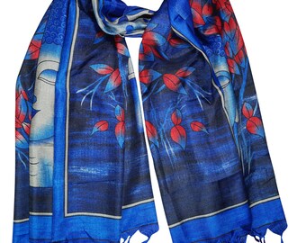 Blue Buddha Print Silk Blend Scarves Hair Scarf Shawl Yoga Wear Printed Long Wraps Stole
