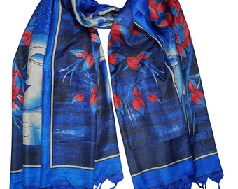 Blue Buddha Print Silk Blend Scarves Hair Scarf Shawl Yoga Wear Printed Long Wraps Stole