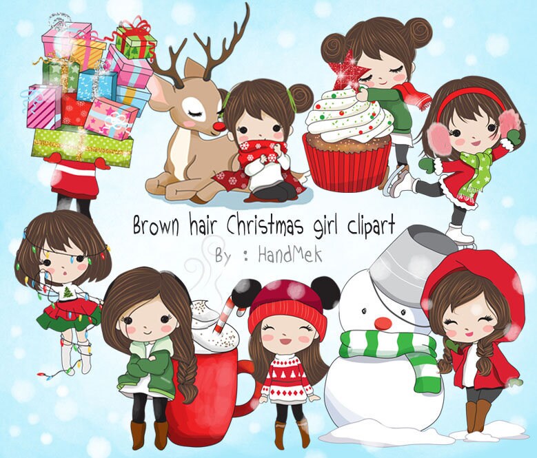 Brown hair Christmas girl Clip art instant download PNG file