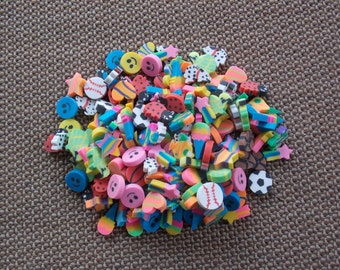 VINTAGE: Neon Erasers Lot of Ten 10 Childrens School Supply 1980s Back to School Heart Star Pink Smiley Dog Comet Fish Ice Cream Sports Cute