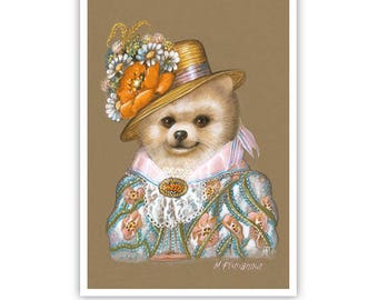 Pomeranian Art Print - Lady Wildflower - Cute Dog Wall Art - Pets in Art - Whimsical Dog Portraits by Maria Pishvanova