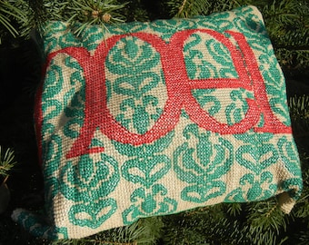 Red Noel on Green Damask Motif - Handmade Finished Cross Stitch Christmas Pillow, 32x30 cm, 128x122 stitches