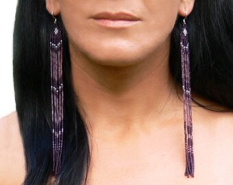 Very Long Earrings. Beaded Fringe Extra Long Earrings. Shoulder Dusters. Long Purple Earrings. Beadwork