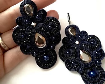 Soutache dark blue&hematit long earrings