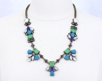 Green Blue Floral Statement Necklace Rhinestone Bee Necklace