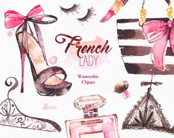 French Lady. Watercolor fashion Clipart, shoes, fashion, lipstick, lingerie, parfume, dog, gift, Paris, nailpolish, bags, glam, stickers
