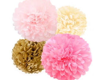 Pink & Gold Tissue Paper Pom Poms 4 Piece Set - Weddings - Bridal Shower - Decorations - Birthday - Nursery - Party Decorations