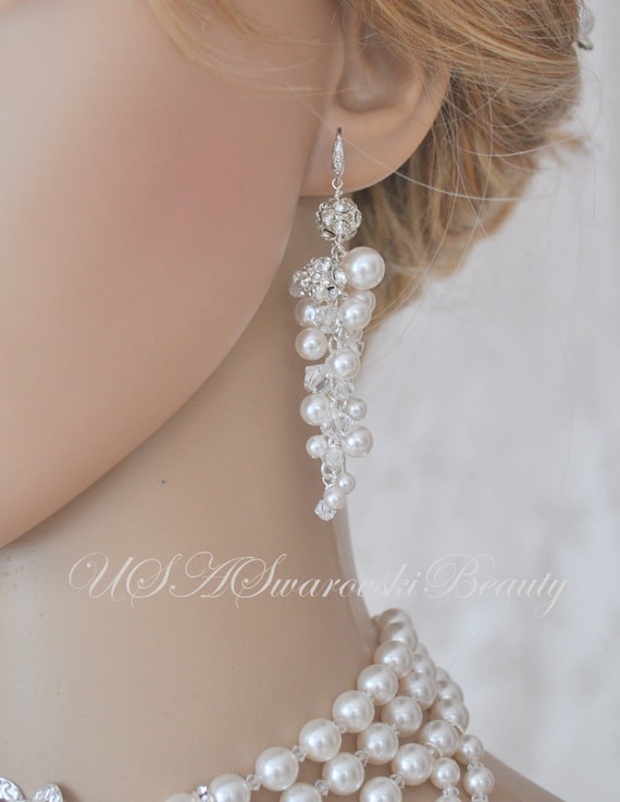 Items similar to Long pearl Cluster Earrings Statement Bridal Wedding