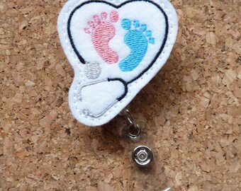 Stethoscope Maternity Badge Reel - ID Badge Reel Pediatrician - Felt Badge Reel - Retractable Name Holder - Nurse - Baby Feet - 231