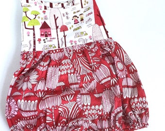 Riley Blake fabric Hansel and Gretal print with mod print bottom in red and pink. Baby girl romper -coming home outfit - ready to ship