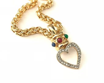 Gorgeous Vintage Gold Plated Necklace with Etruscan Inspired Jeweled Heart Pendant