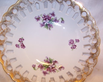 Bowl, Royal Sealy China, Japan, Violets, Cut Outs, Vintage