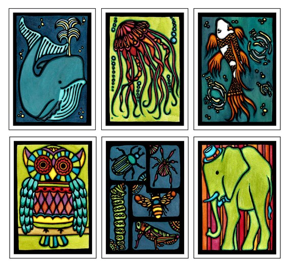 Unique Animal Collection - 6 Blank Greeting Cards - Whale, Jellyfish, Koi Fish, Owl, Insects, Elephant - Ocean, Safari - Fun Notecards