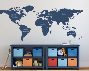 world map wall decal with continents vinyl wall sticker decals art boys room decor wall stick