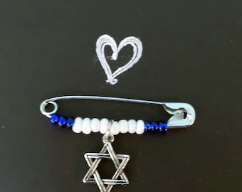 Safety Pin Jewelry, Safety Pin Brooch, Solidarity Pin, Star of David Safety Pin, Beaded Safety Pin, Jewish Safety Pin, Blue White Safety Pin
