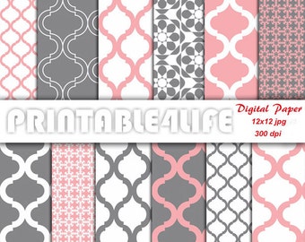 Digital paper pack in coral and gray, Quatrefoil, Floral patterns, Printable Scrapbook paper, Backgrounds, Personal Or Commercial Use (a11)
