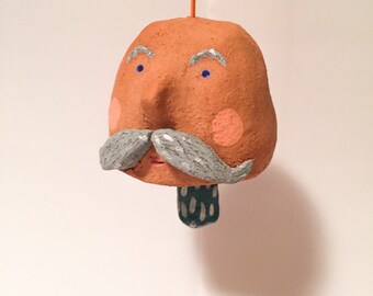 garden ornament -- ceramic wind chime / windchime -- pottery bell with a moustache -- made to order