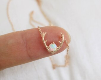 Tiny Rose Gold Antler with Opal Stone Charm Necklace,Rose Gold Antler Necklace,Opal Stone Necklace, Birthday Gift,7013