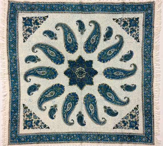 40" inches blue paisley tablecloth, traditional hand block printed table top, natural dyes cotton tapestry with tassels