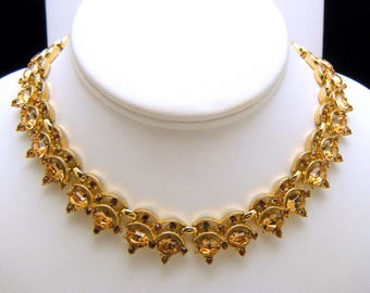 Stunning Vintage Crown Trifari Necklace Light Dark Brown Rhinestones