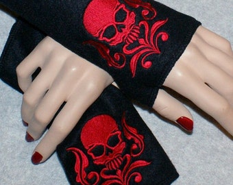 Embroidered Damask Skull Soft Fleece Arm Warmers fingerless gloves Red Black MTCoffinz